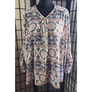 Rue21 plus Bohemian Maroon Pink Blue Elephant zipper tunic roll-up sleeves 3X